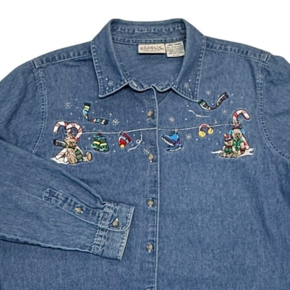 Denim Shirt Womens Large Chambray‎ Embroidered Long Sleeve Christmas Holiday